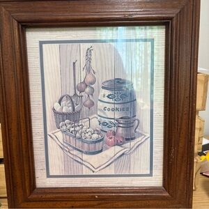 Unique Vintage Framed Kitchen Decor with Brown and Blue Accents 14x16